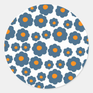 Preppy Blue Orange Hippie Flower Pattern Classic Round Sticker