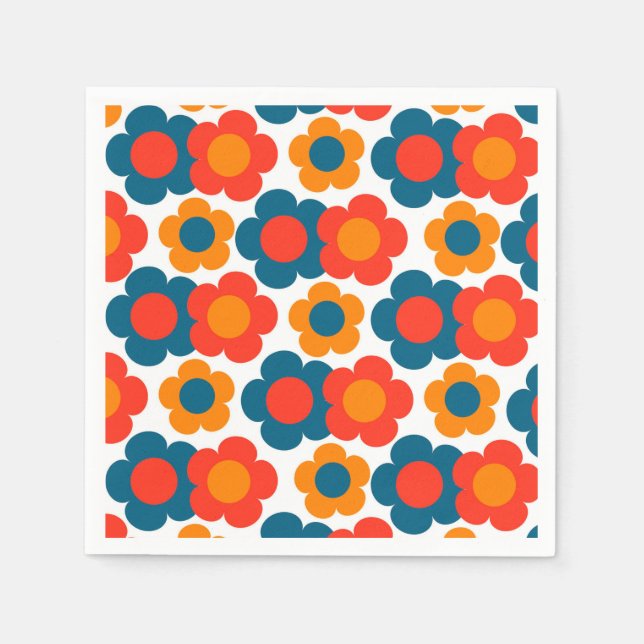 Preppy Blue Orange Hippie Flower Pattern Napkin (Front)