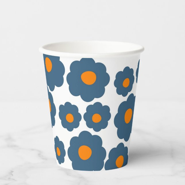 Preppy Blue Orange Hippie Flower Pattern Paper Cups (Front)