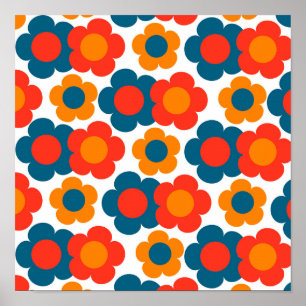 Preppy Blue Orange Hippie Flower Pattern Poster