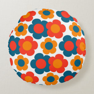 Preppy Blue Orange Hippie Flower Pattern Round Cushion
