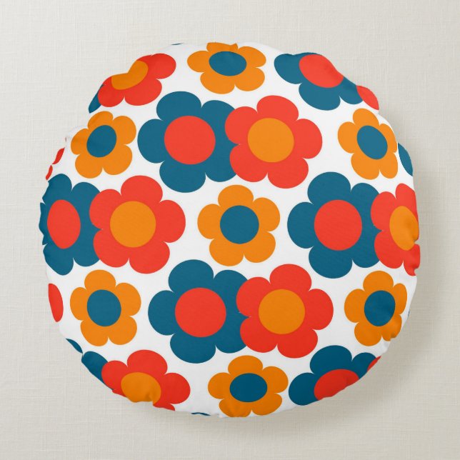 Preppy Blue Orange Hippie Flower Pattern Round Cushion (Front)