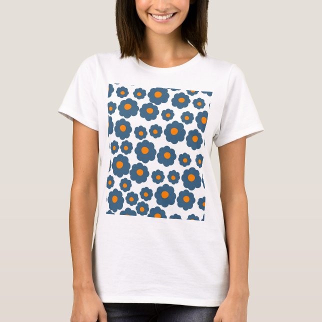 Preppy Blue Orange Hippie Flower Pattern T-Shirt (Front)