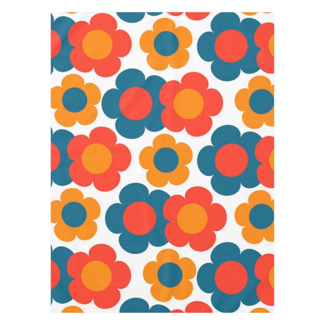 Preppy Blue Orange Hippie Flower Pattern Tablecloth (Front)