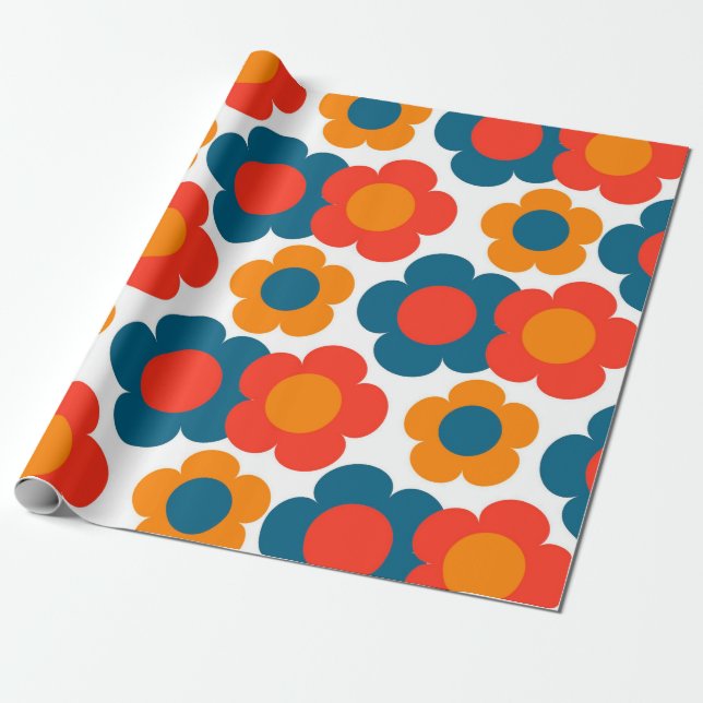 Preppy Blue Orange Hippie Flower Pattern Wrapping Paper (Unrolled)