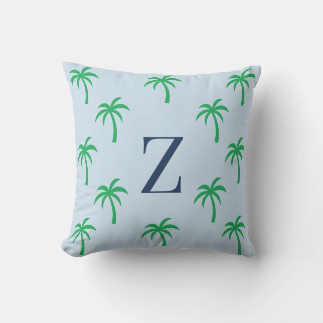 Preppy Blue Palm Tree Monogram Pillow (Front)