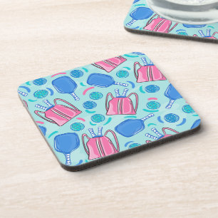 Preppy Blue Pickleball Paddle & Ball Pattern Coaster