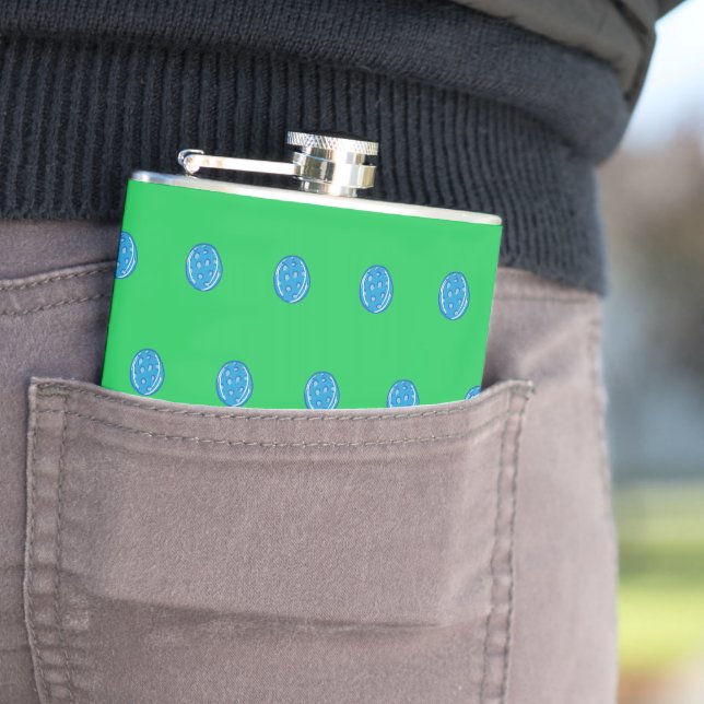 Preppy Blue Pickleballs On A Green Hip Flask (In Situ)