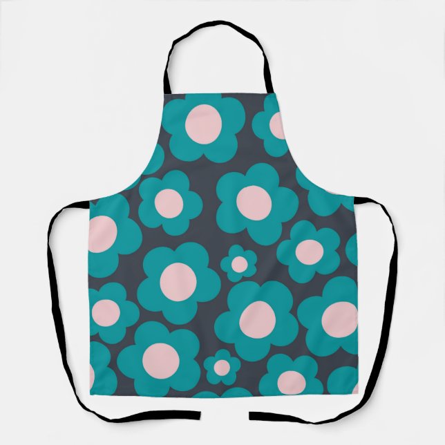 Preppy Blue Pink Hippie Flower Pattern Apron (Front)