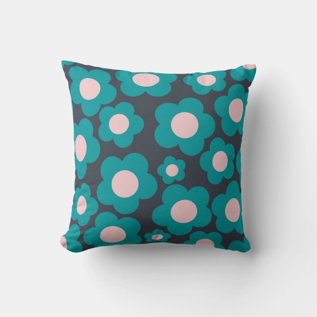 Preppy Blue Pink Hippie Flower Pattern Cushion (Front)