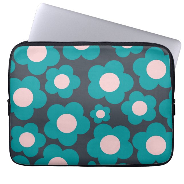 Preppy Blue Pink Hippie Flower Pattern Laptop Sleeve (Front)