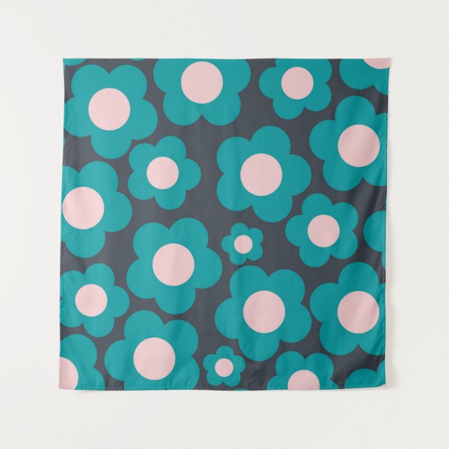 Preppy Blue Pink Hippie Flower Pattern Tapestry (Front)