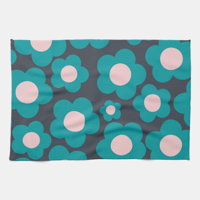 Preppy Blue Pink Hippie Flower Pattern Tea Towel (Horizontal)
