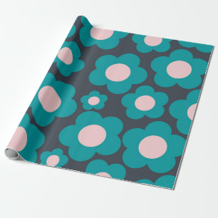 Preppy Blue Pink Hippie Flower Pattern Wrapping Paper