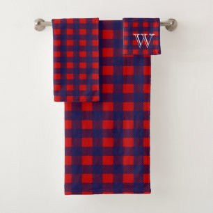 Preppy Blue & Red Buffalo Check Plaid   Monogram Bath Towel Set