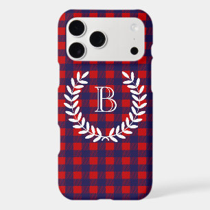 Preppy Blue & Red Buffalo Plaid Monogram