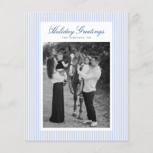 Preppy Blue Stripe Budget Christmas Holiday Photo