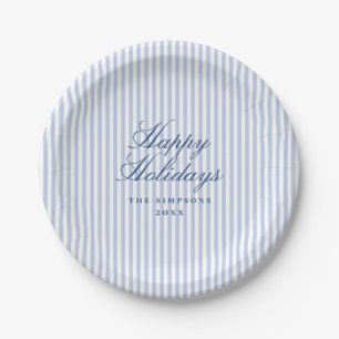 Preppy Blue Stripe Christmas Holiday Paper Plate