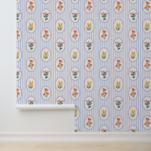 Preppy Blue Stripe Floral Cameo Folk Art Wallpaper
