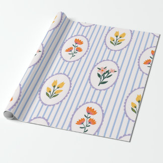 Preppy Blue Stripe Floral Cameo Folk Art Wrapping Paper