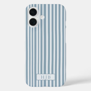 Preppy Blue Stripe Monogram Pretty iPhone 16 Case