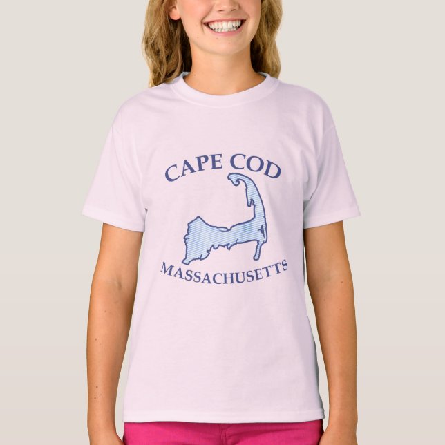 Preppy Blue Striped Cape Cod Girl's Pink T-Shirt (Front)
