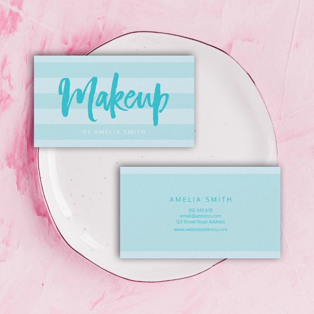 Preppy Blue Stripes Brush Script Makeup Business Card (Creator Uploaded)