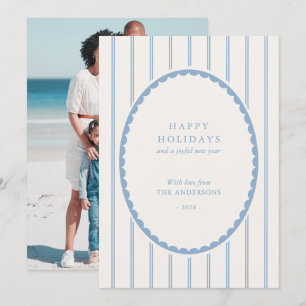 Preppy Blue Stripes Family Photo Happy Holidays Holiday Card