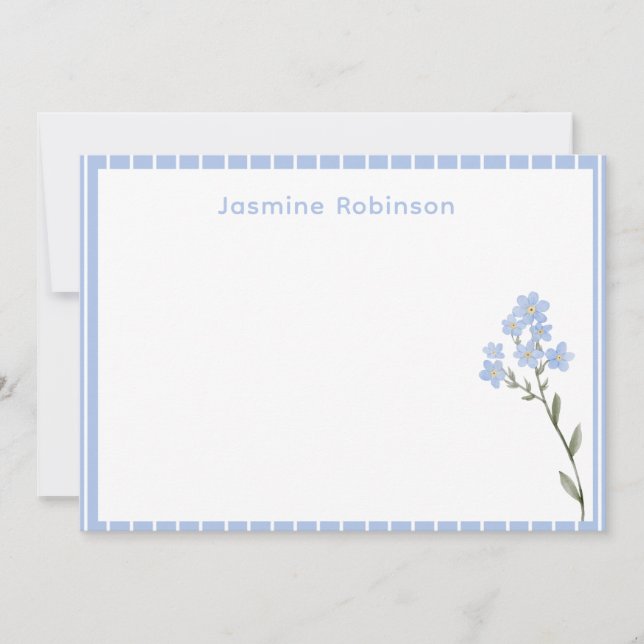 Preppy Blue Stripes with Flower Custom Note Card (Front)