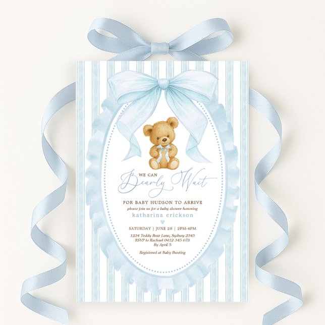 Preppy Blue Teddy Bear Boy Baby Shower Invitation (Creator Uploaded)