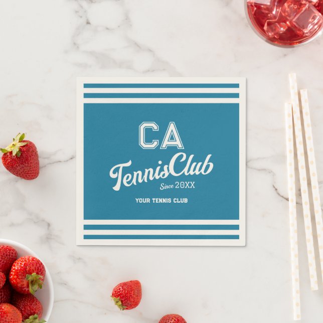 Preppy Blue Tennis Club Custom Crest Party Napkin (Insitu)