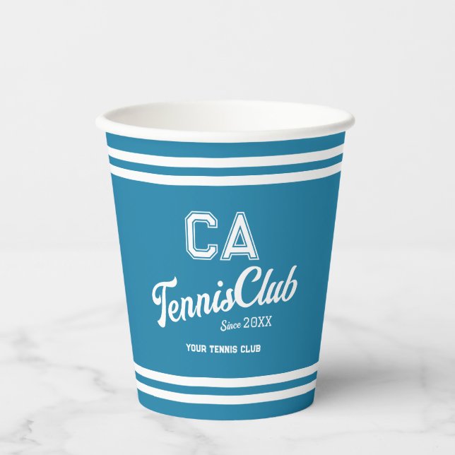 Preppy Blue Tennis Club Custom Crest Party Paper Cups (Front)