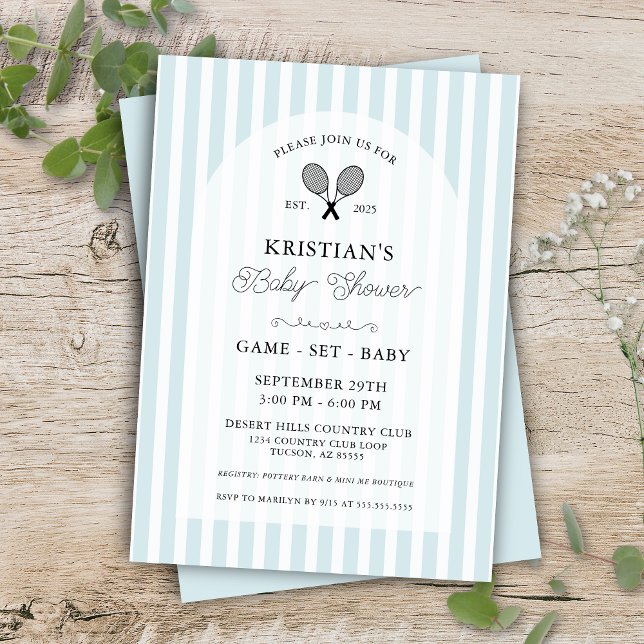 Preppy Blue Tennis Country Club Baby Shower Invitation (blue baby shower dont wrap display presents card enclosure for chic preppy country club events)