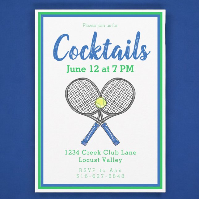 Preppy Blue Tennis Racquets Cocktail Party Invitation (Creator Uploaded)