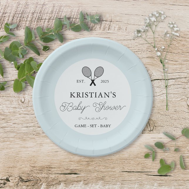 Preppy Blue Tennis Theme Chic Baby Shower Paper Plate (elegant blue tennis theme baby shower paper plates with personalized text for preppy chic events)
