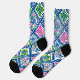 Preppy Blue Tile Floral Custom Name Crew Socks