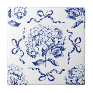 Preppy Blue Toile Hydrangea Bow Seamless Pattern Tile