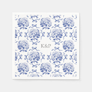Preppy Blue Toile Hydrangea Bow with Name Napkin