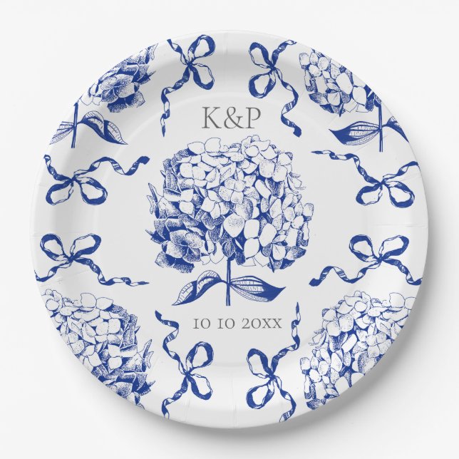 Preppy Blue Toile Hydrangea Bow with Name Paper Plate (Front)