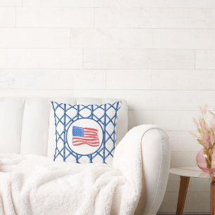 Preppy Blue Trellis Bamboo Pattern American Flag Cushion