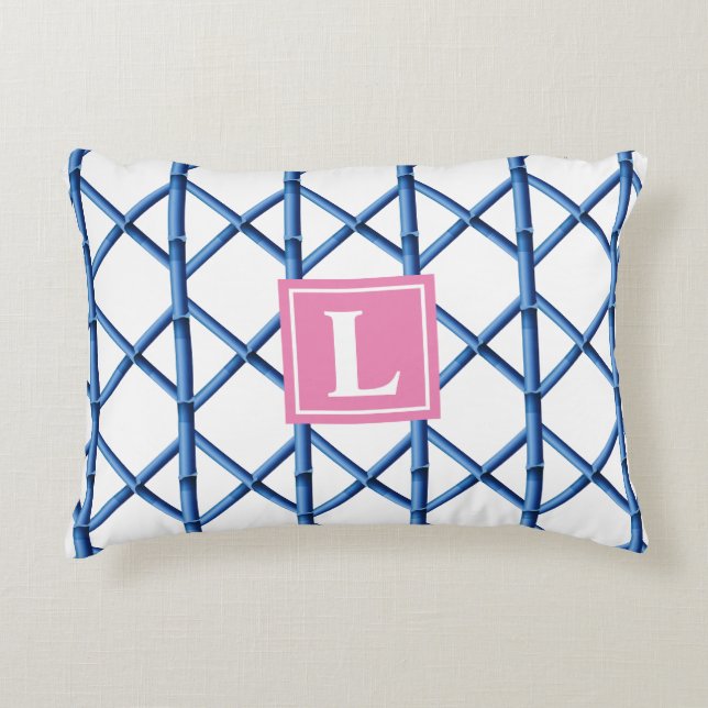 Preppy Blue Trellis Bamboo Pattern Monogram Decorative Cushion (Front)