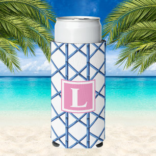 Preppy Blue Trellis Bamboo Pattern Monogram Seltzer Can Cooler