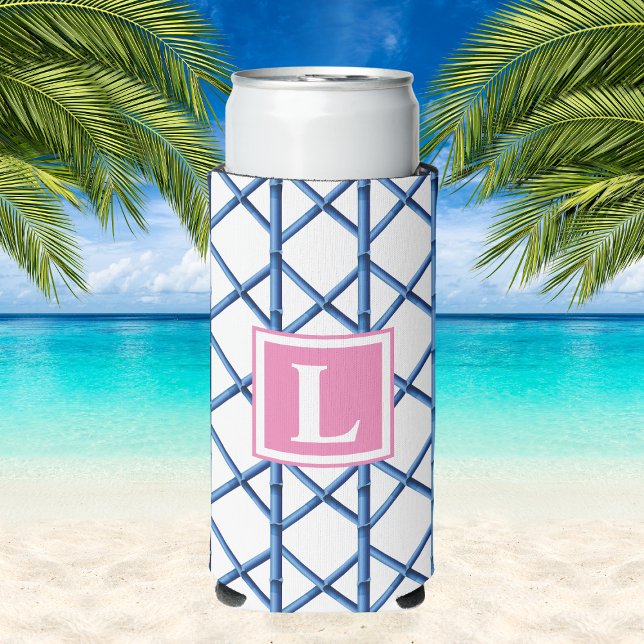 Preppy Blue Trellis Bamboo Pattern Monogram Seltzer Can Cooler (Creator Uploaded)