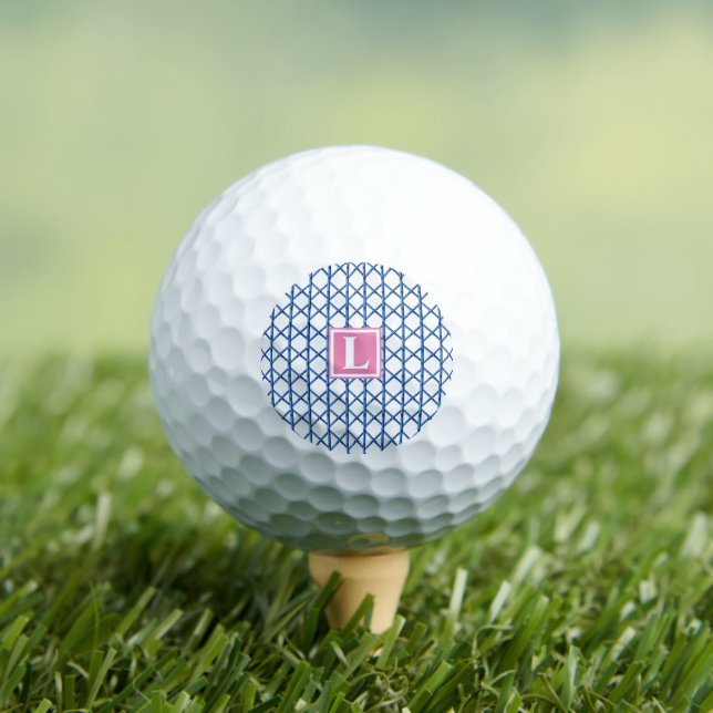 Preppy Blue Trellis Bamboo Small Pattern Monogram Golf Balls (Insitu Tee)