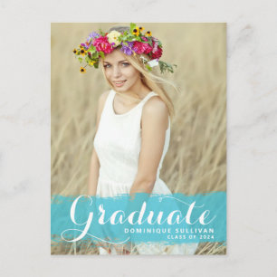 Preppy Blue Watercolor Overlay Photo Graduation Announcement Postcard