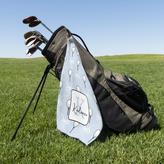 Preppy Blue White Bow Pattern Monogram  Golf Towel (Green)