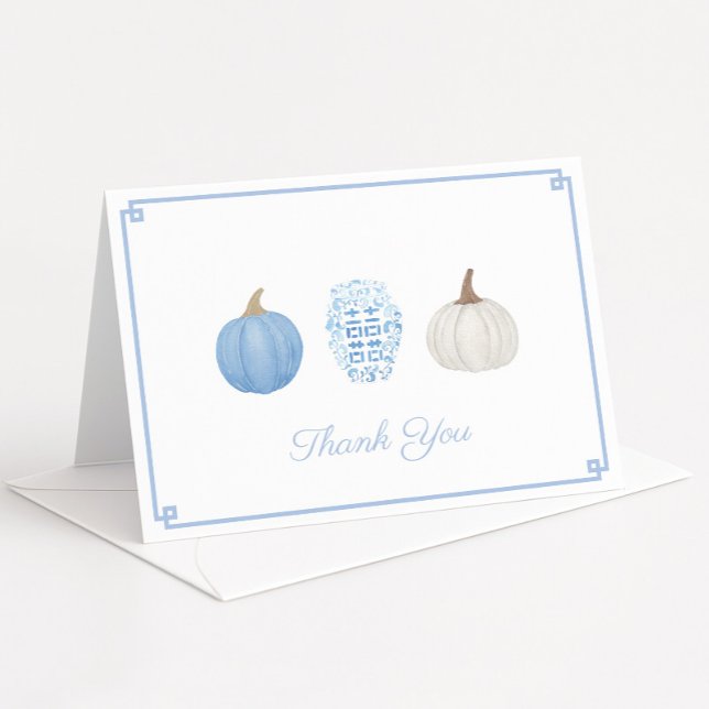 Preppy Blue White Chinoiserie Pumpkins Baby Shower Thank You Card (Preppy blue and white watercolor pumpkins thank you card design with ginger jar)