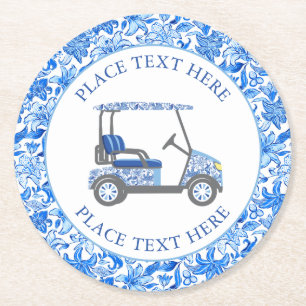 Preppy Blue & White Flowers Golf Cart Round Paper Coaster