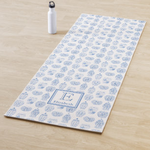 Preppy Blue White Ginger Jars Pattern Monogrammed Yoga Mat