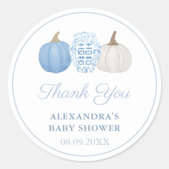Preppy Blue & White Pumpkin Wedding Shower Favour Classic Round Sticker (Front)